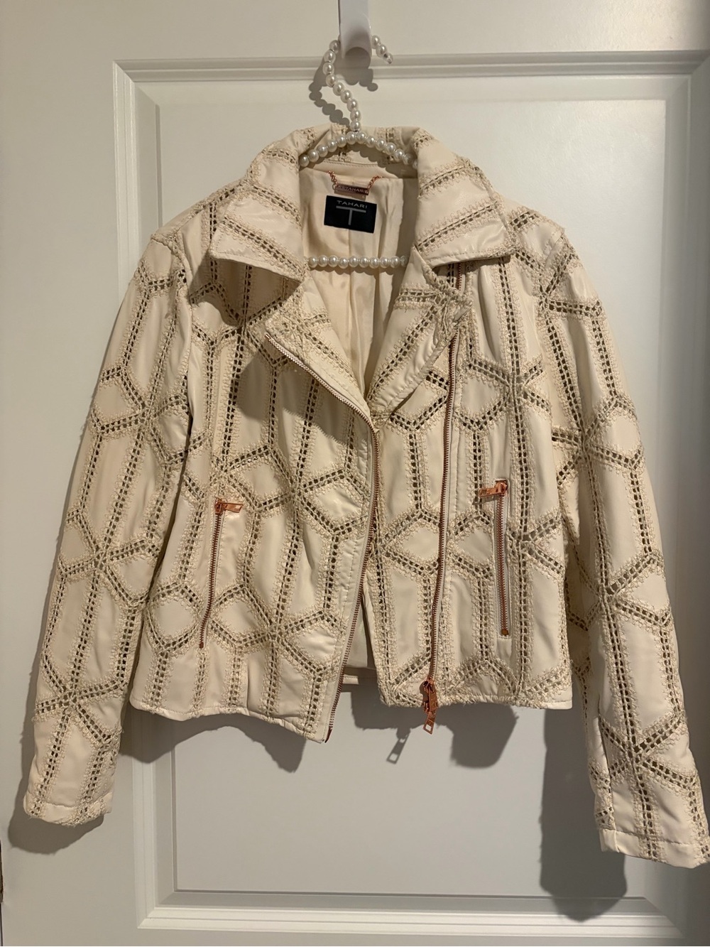 Tahari Cream Crochet-Trim Faux leather Moto Jacket